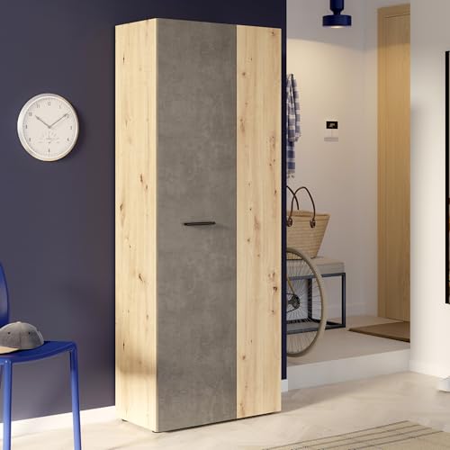 Forte NET106 Schrank 70, Schuhschrank, Garderobenschrank, Abstellraum, Drehtürenschrank, 2-türig mit Einlegeböden, Betonoptik mit Holzdekor: Artisan Eiche, 68,7 cm breit x 181,1 cm hoch x 36,5 cm tief