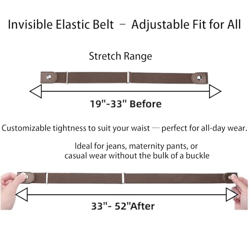 No Buckle Elastic Belt for Men and Women, Invisible Buckle-Free Stretch Belt with Adjustable Fit, Comfortable Waistband for Jeans, Pants, Travel, and Daily Wear BROWN2