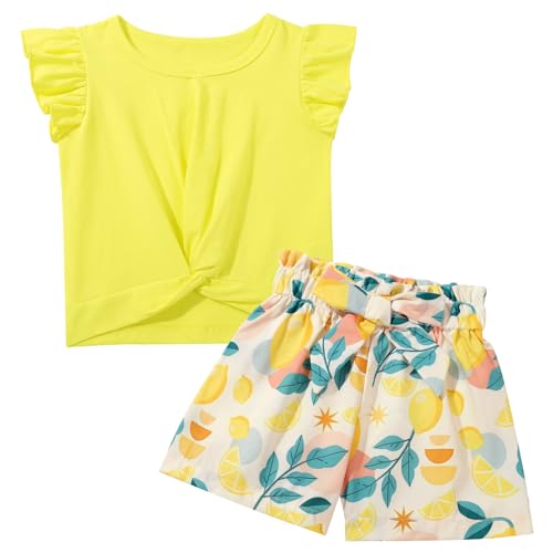 Valcatch Toddler Girl Short Sets Ruffle Short Sleeve Twist Front T-Shirt Bowknot Shorts Two Piece Kids Girls Summer Clothes