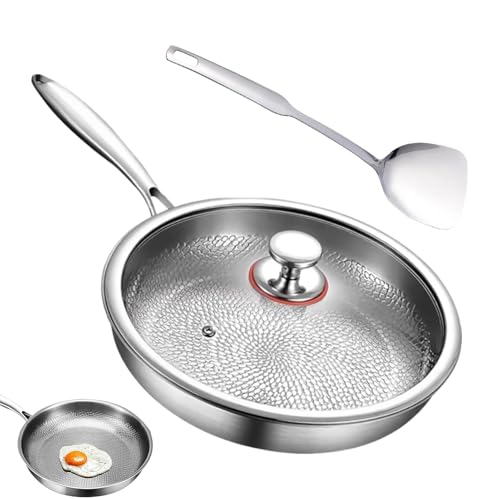 Zestivra Sartén de titanio, sartén profunda antiadherente con tapa y espátula, woks y ollas para saltear filetes, panqueques, pescado, saltear y hornear