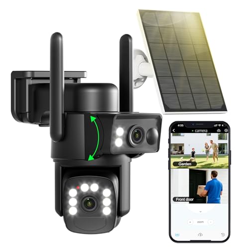 Abiso 8MP Doppio Obiettivo Telecamera Sorveglianza Wireless WiFi Esterni,Pannello Solare 5W,Batteria 15000mAh,Doppio PIR Rilevamento del corpo umano AI,Visione Notturna Colori,Audio Bidirezionale