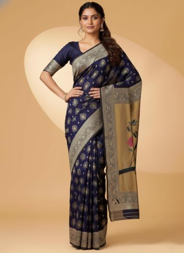 Buy Yashika Women's Banarasi Silk Jacquard Floral Woven Saree Blue - Image 3