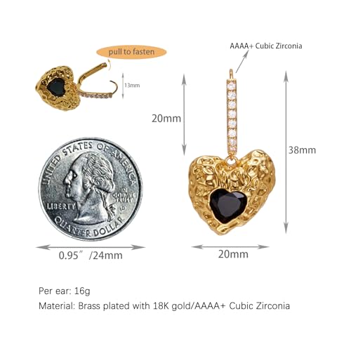 Unique Black Heart Pendant 18k Gold Plated Cubic Zirconia Hoop Earrings for Women. 5