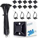 100 Pack Zip Tie Mount with Cable Ties, 1" Self Adhesive-Backed Mounts for Wire Holder, Black Cable Management Clips Wall Anchors