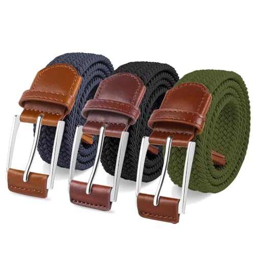 Image of Braided Stretch Belt Mens 3 Pack Woven Belts for Golf & Casual | elastane belts, hole-free fit for all waist, zinc alloy buckle, adjustable fit for golf, jeans, dress pants, and work.