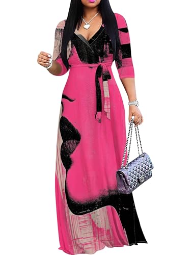 Image of PinkPatty Women's Print Maxi Dresses 3 /4 Sleeve Flowy Long Dress V Neck Wrap Tie Waist Sundress