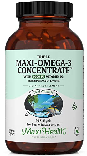 Maxi Health Omega 3 Supplement With Vitamin D3 1000 Iu - Omega-3 Fish Oil Concentrate From Wild Caught Tuna – Kosher – Heart & Joint Health - High Potency Source Of Epa / Dha Fatty Acids - 90 Vegetarian Softgels #TOP16