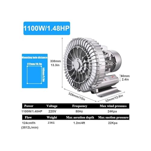 Generico 0,5 HP/0,74 KM/1,49 HP 110 V jednofazowa dmuchawa wirowa ze stopu aluminium, wysokociśnieniowa dmuchawa próżniowa do dmuchania powietrza przemysłowa