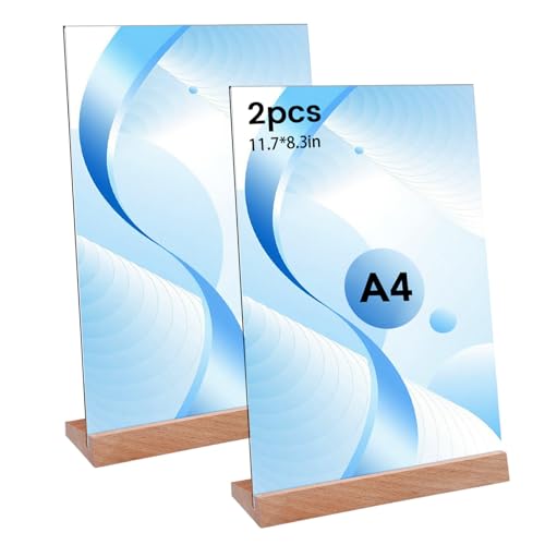 Thboxes 2 unidades de expositores de mesa A4, transparentes, etiquetas de precios, acrílico con base de madera, soporte vertical en L de doble cara para tarjetas de menú, folletos, publicidad