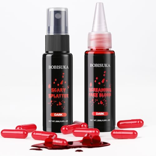 BOBISUKA Halloween Fake Blood Set - Fake Blood Spray & Dark Fake Blood with 10 Empty Fillable Blood Capsules Realistic Washable Makeup Blood for Halloween Cosplay Theater SFX Makeup