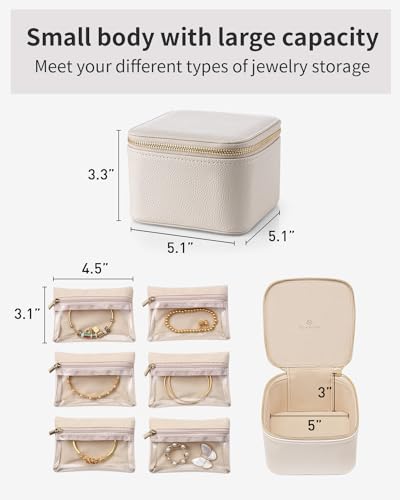 Vlando-Small-Jewelry-Box-OrganizerTravel-Jewelry-Storage-with-6-Velvet-Jewelry-Zipper-PocketsPremium-Petal-Hardware-Jewelry-Case-for-Women-Girls-Christmas-New-Years-Giftswhite