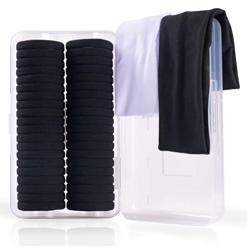 40 PCS Black Hair Ties for Thick Hair & Sweat HeadBands for Women,Hair Elastics No Damage with Plastic Box (2in Black)