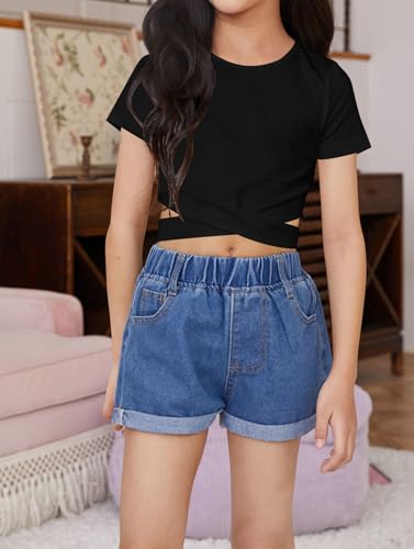 OYOANGLE Girl's Cute Crisscross Short Sleeve Cutout Solid Crop Top Tee T-Shirts4