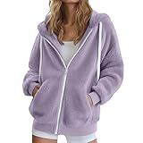 Genérico Abrigo polar para mujer cálido con capucha y forro de lana Sherpa chaqueta otoño invierno moda chaqueta cremallera manga larga con bolsillo Outerwear Oversize, malva, XXL