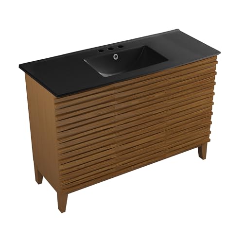 Image of Swiss Madison Cascade 48 in. Brown Oak Bathroom Vanity with Black, 3-Hole Ceramic Sink Top