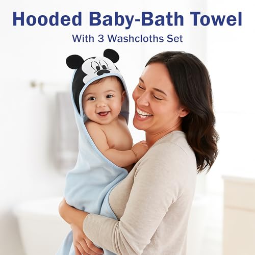 Image of Disney Baby Boys Mickey Mouse Hooded Bath Towel with 3 Washcloths Set for Newborn and Infants