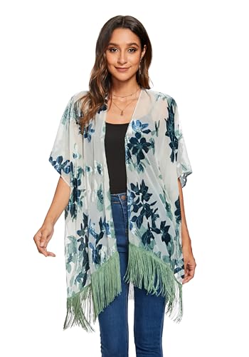 Image of MJ SERECA Women's Burnout Velvet Kimono Cardigan Cover Up with Tassel
