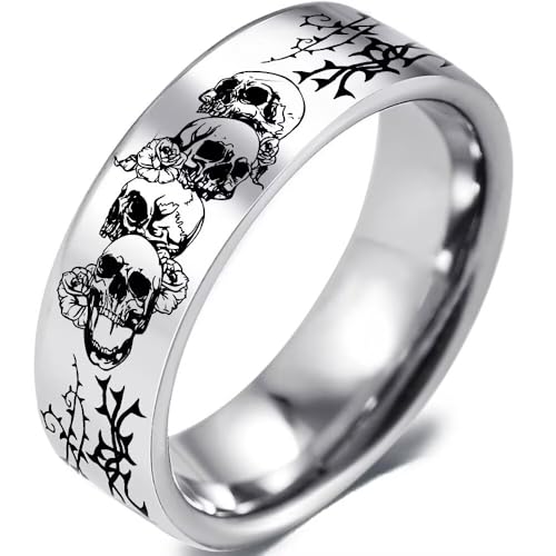 AONEW 8mm Stainless Steel Skull Rose Ring for Men Women, Gothic Skeleton Flower Band, Him Her Wedding Band Promise Anniversary Jewelry,Polished Silver Fashion Ring Size 11