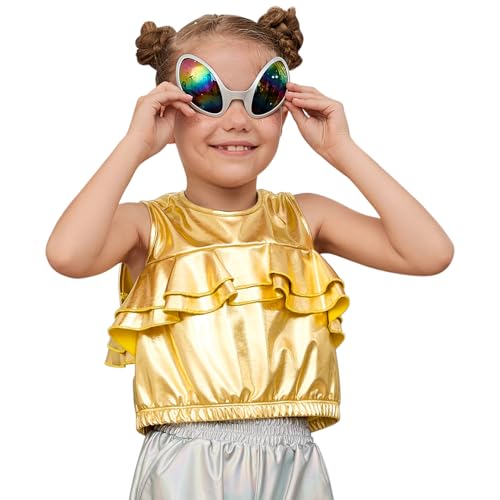 Image of Perfashion Girls Vest Metallic Half Zip Hoodie Sleeveless Leather Disco Jackets with Kangaroo Pocket 4-13Y