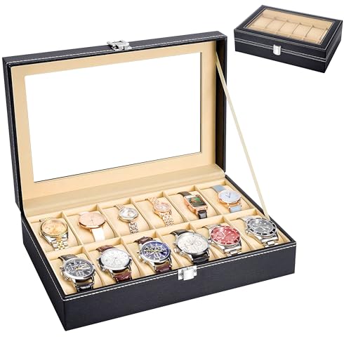 GVTECH Watch and Jewelry Organizer 12 Slot Watch Case Elegant Black PU Leather with Velvet and Acrylic Lid