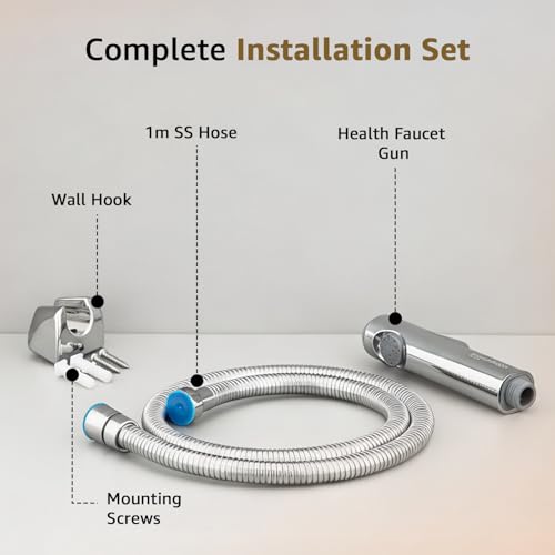 Image of Amazon Basics Health Faucet for Bathroom, Chrome Coated ABS Plastic Body with 1 Meter Stainless Steel Flexible Hose Pipe and Wall Hook, Silver, Jet Spray for Toilet