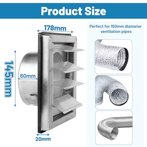 LALAGO Ventilation Grille 150 mm with Insect Protection Grille, 304 Stainless Steel Backflow Flap, Weather Protection Grille - Image 2