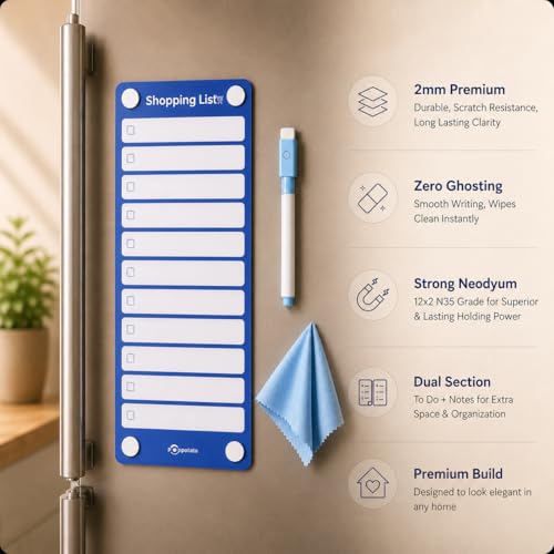 Image of Shopping List Fridge Magnet with Marker | Smart Planning & Shopping for Family, Working Professionals| to Do List | Acrylic Magnetic Notepad for Kitchen Organisation - Blue