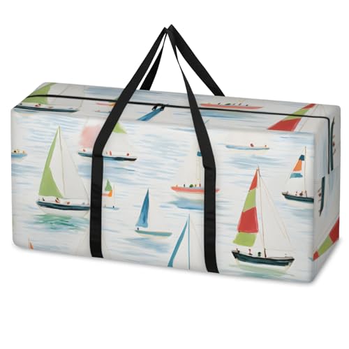 Colorful Sailing Boat Extra Large Moving Bags Heavy Duty Storage Bags Cloth Wrap Around Handles Double Zipper Reusable Convenient Foldable Storage Tote for Travel Camping Space Save