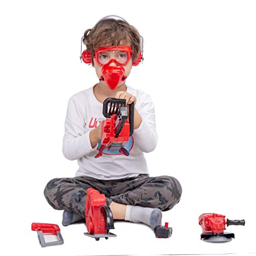 JOYIN 8 Pieces Construction Tool Toy Playset Power Backyard Constructions Tool Kit Pretend Playset Including Realistic Toy Chainsaw in Convenient Storage Box