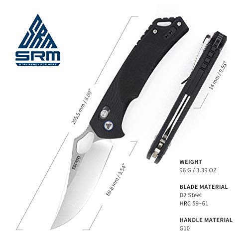 Srm Folding Pocket Knife, 2-Position Pocket Clip, Ambidextrous Lock, D2 Steel Blade, Thumb Hole Opening, G10 Handle, Cool Knives For Outdoor Survival Camping Edc(9202) #TOP1