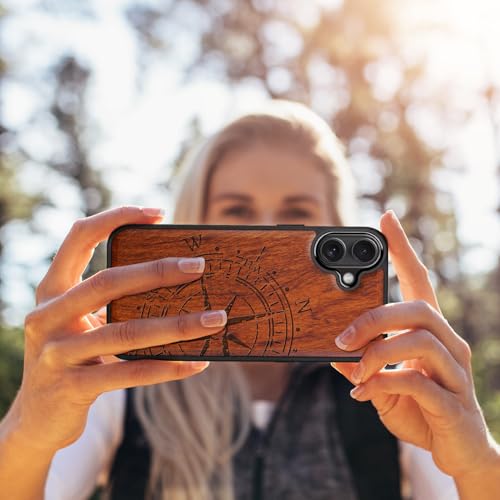 Image of Carveit Wood Case for iPhone 16 Plus, The Incomplete Compass, Rosy | Magnetic iPhone 16 Plus Case Compatible with MagSafe Wireless Chargers, Engraved Wood with Soft TPU Shockproof Bumper