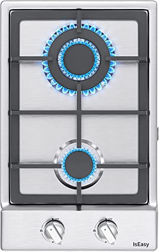 Domino Gaskochfeld, IsEasy Gaskochfeld 2 Flammig mit Topfträger aus Gusseisen, 2 Zonen Edelstahl Gaskochfeld, Autark Eingebaut, Erdgas(20mbr)/Propangas(30&50mbr), 3300W/1000W, 220-240V, 30cm, Silber