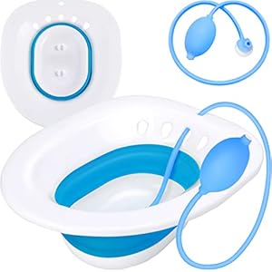 Pochik Sitz Bath for Toilet Seat Hemorrhoids and Postpartum Care, Yoni Steam Seat, Perineal Soaking, Collapsible, Flusher Hose, Drain Holes, Wider Seating Area – Blue