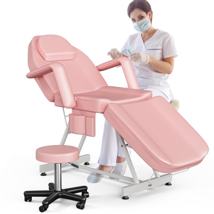 ONPNO Salon Beauty Bed and Hydraulic Stool, Adjustable 3-Section Massage Table w/Detachable Head Cushions, Professional Tattoo Chair, Facial Lash Bed for Client/Esthetician (Pink)