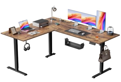 Image of 63 Inch L Shaped Electric Standing Desk, Corner Workstation, Rustic Brown | 3 AC outlets, 2 USB ports, cable tray, cord clips, 3 memory presets, anti-collision and 176 lb capacity for home office.