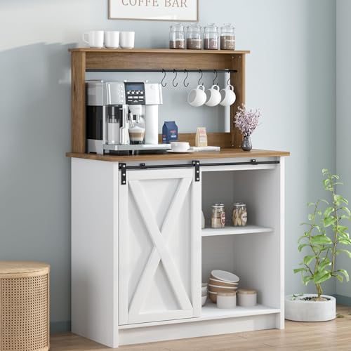 4ever2buy Farmhouse Coffee Bar Cabinet with Storage, White Coffee Bar