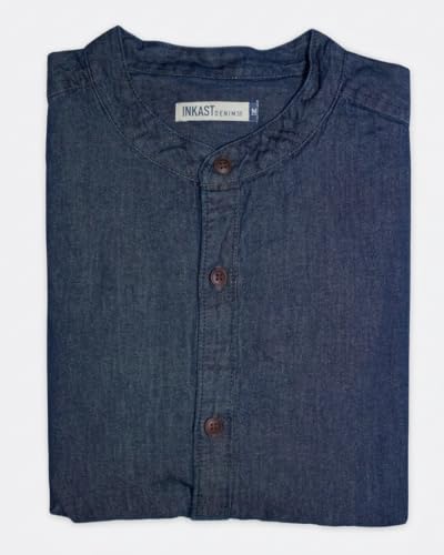 Image of Amazon Brand - INKAST Men Washed Cotton Twill Denim Casual Button Down Shirt | Mandarin Collar | Full Sleeves | Regular Fit | Stylish Summer - Everyday Wear