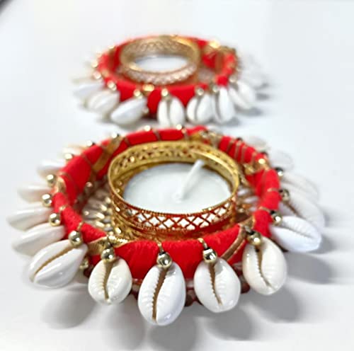 Iram Decorative Diya Tealight Candle Holder/Diwali Diya For Home Decoration Gota Patti Mix Colorful Flower Design Tealight Candle Pack Of 2 (Red) #TOP4
