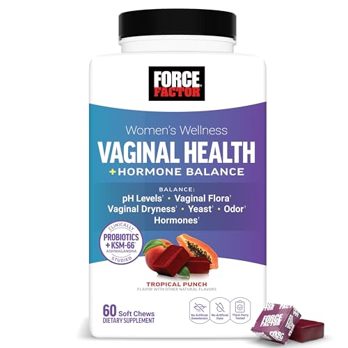 Image of Force Factor Vaginal Health Probiotic Supplement for Women with KSM-66 Ashwagandha & 5B CFUs for pH Balance, Vaginal Flora & Hormone Balance Support, Women's Wellness, Tropical Punch, 60 Soft Chews
