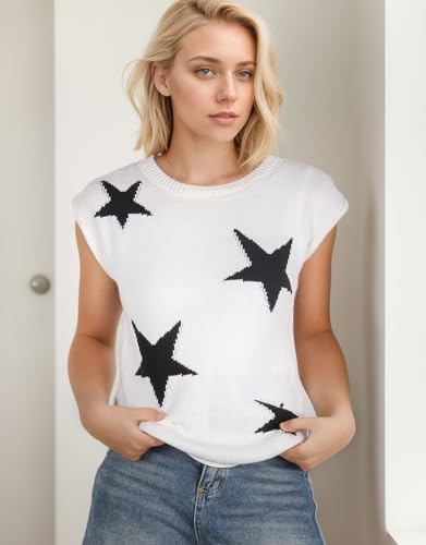 Image of Alsol Lamesa Women's Stars Pattern Cap Sleeve Sweater Vest 2024 Pullover Sleeveless Knit Crew Neck Tops, Large, 911 White