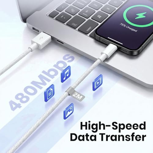 Image of Verilux 18W USB A to Lighting Fast Charging Cable With 480Mbps High-Speed Data Transfer, 2M /6.6FT Lighting Cable Nylon Braided Compatible with iPhone 14 /14 Pro /14 Pro Max /13 /12 /11 /XR /XS /X /8 S