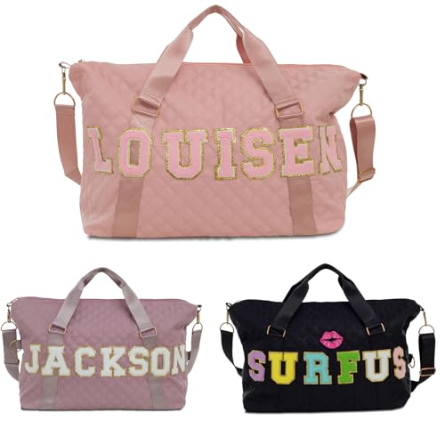 Personalized Sport Gym Bag for Girl with Chenille Letters,Custom Dance Duffel Bags, Sewn on Name Waterproof Travel Tote Bag,Overnight Weekender Bag