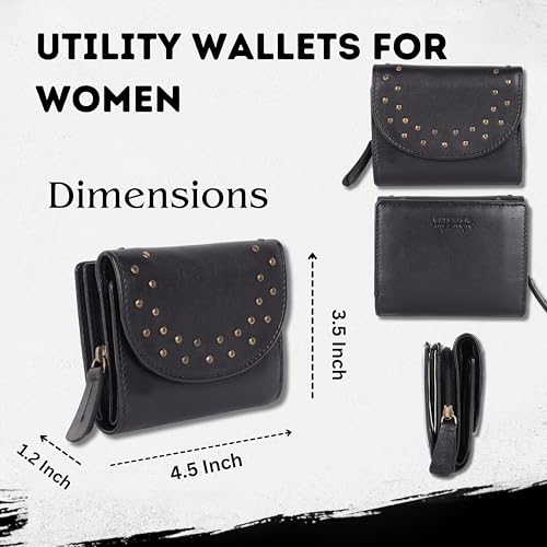 Genuine Italian Leather Boho Studded Trifold Double Flap Closure Wallet – Zipper Coin Purse & Credit Card Holder for Women (Black)3