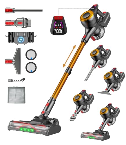 Aspiradora Sin Cable 48KPa 500W Motor Brushless, 65Min 1.6L Aspirador Sin Cable Autoportante, Carga de Pared y V Anti-Enredos, Escoba Aspiradora Sin Cable LED Display para Mascotas Alfombras y Parqué