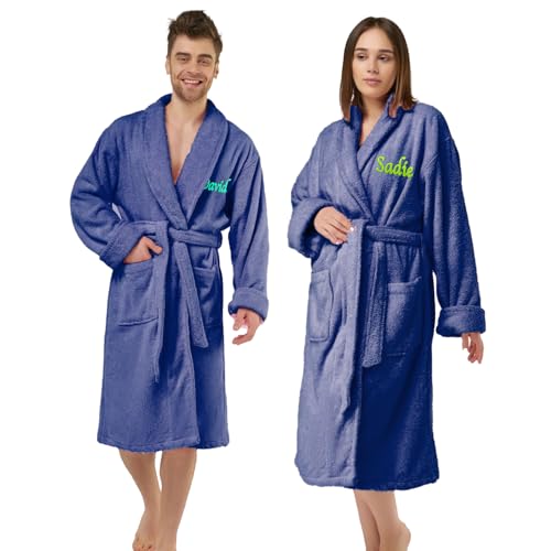 Personalised Dressing Gown – Luxury Cotton Bathrobe for Adult – Soft, Warm & Cozy – Custom Embroidered Name with Pocket – Gift for Every Occasion & Relaxing Spa Days – Blue S/M