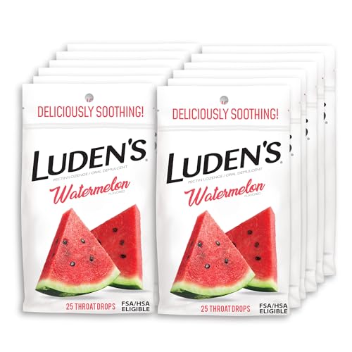 Luden's Sore Throat Relief Lozenges for Minor Everyday Irritation & Dry Mouth, Watermelon Flavored Drops, 25 Count, Pack of 12