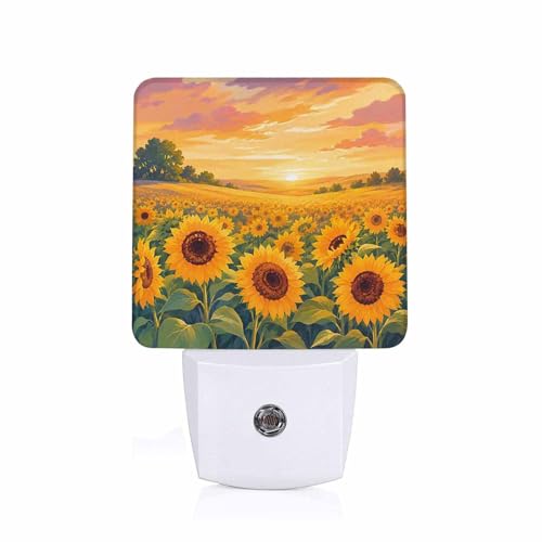 Image of LED Night Light,Beautiful Sunset Yellow Sunflower Fields LED Night Light Plug into Wall with Dusk to Dawn Light Sensor White Energy Efficient Nightlight for Bedroom Hallway Living Room Kitchen