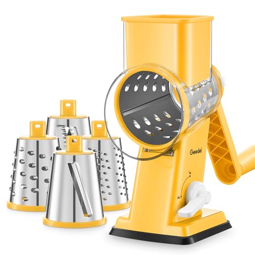 Image of Geedel Rotary Cheese Grater - Upgraded Vegetable Shredder with 4 Interchangeable Blades, Easy to Clean Cheese Shredder with Handle, Kitchen Grater Nuts Grinder for Cutting Cheese, Vegetable, Nuts