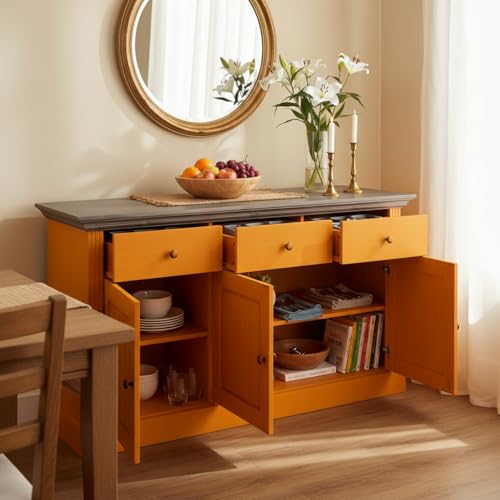 Image of APRODZ Solid Wood Alegre Sideboard Storage Cabinet for Living Room | Sunset Orange