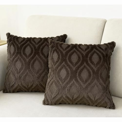 prario Pack of 2 Decorative Throw Pillow Covers 16x16, Soft Plush Faux Fur Wool Couch Cushion Pillow Covers Cozy Boho Farmhouse Square Pillow Case for Living Room Sofa Bed Home Decor, Dark Brown